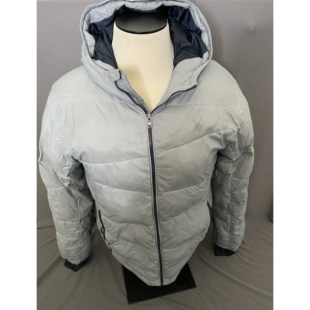 Spyder Puffer Hooded Jacket Boys Large 14/16 Gray Thermaweb Nylon Thumb Holes